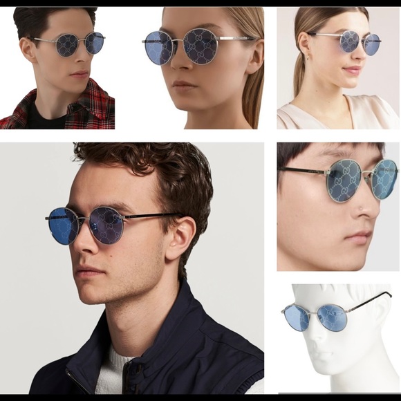 GUCCI “GG” INTERLOCKING LOGO IMPRINTED ON BLUE / SILVER MIRROR ROUND SUNGLASSES - Picture 6 of 16